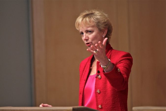 Republican candidate for governor of Pennsylvania, Laura Ellsworth, participates in a debate at the National Constitution Center. (Emma Lee/WHYY)