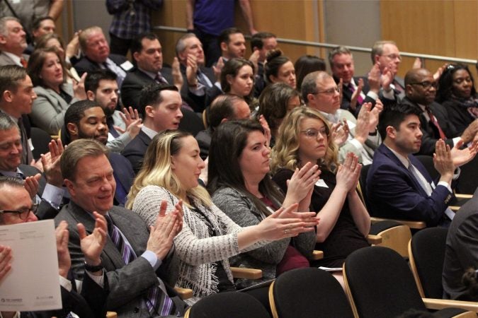 Audience members applaud after a debate of the Republican candidates for governor of Pennsylvania, held at the National Constitution Center and hosted by the Greater Philadelphia Chamber of Commerce. (Emma Lee/WHYY)