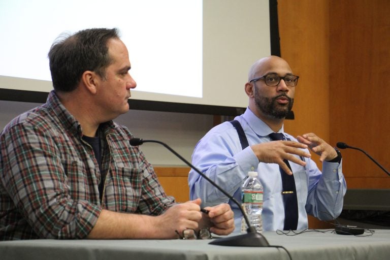 Joe Schrank (left) ,program director of High Sobriety, and Devin Reaves, director of the Pennsylvania Harm Reduction Coalition, answer questions about medical marijuana and opioid addiction during a program at the University of the Sciences.