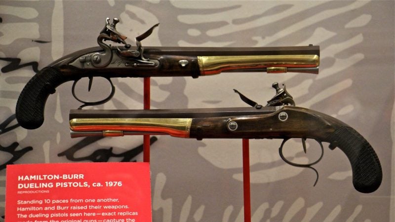 Replicas of the pistols used by Alexander Hamilton and Aaron Burr in their fatal duel. (Emma Lee/WHYY)