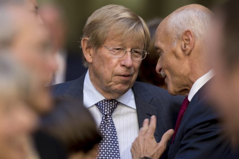 Former United States Solicitor General Ted Olson, (center), speaks with former Homeland Security Secretary Michael Chertoff, (right), before an installation ceremony for FBI Director Chris Wray at the FBI Building, Thursday, Sept. 28, 2017, in Washington. (Andrew Harnik/AP Photo)