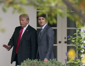 President Donald Trump and Canadian Prime Minister Justin Trudeau walk along the Colonnade to the Oval Office of the White House in Washington, Wednesday, Oct. 11, 2017.