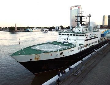 In this 2018 photo provided by Gonzalo Mórtola, the Russian research vessel Yantar is shown docked in Buenos Aires, Argentina.  Russian ships are skulking around underwater communications cables, worrying the U.S. and its allies the Kremlin might be taking information warfare to new depths. (Gonzalo Mórtola via AP)