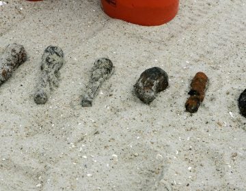 This Feb. 10, 2009 file photo shows some of the more than 1,100 old fuses and small anti-aircraft shells that have been found as the U.S. Army Corps of Engineers searches for any remaining World War I era munitions along the Atlantic Ocean in Surf City, N.J. A century after World War I ended, munitions from that and other wars continue to surface on beaches around the United States, usually during beach replenishment projects when they are sucked from the ocean floor and pumped ashore onto the sand, or exposed by strong storms. (Mel Evans/AP Photo, File)