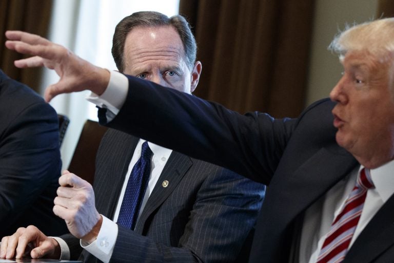 Sen. Pat Toomey, R-Pa., listens as President Donald Trump speaks during a meeting with lawmakers about trade policy in the Cabinet Room of the White House, Tuesday, Feb. 13, 2018, in Washington. (Evan Vucci/AP Photo)