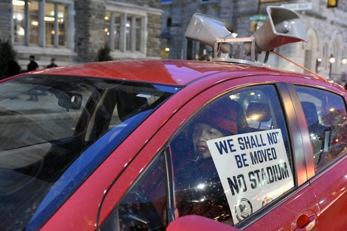 Community members, activists and students shut down a town hall meeting about the proposed $130 million, 35,000-seat stadium on Temple's North Philadelphia campus Tuesday. (Bastiaan Slabbers/for WHYY)