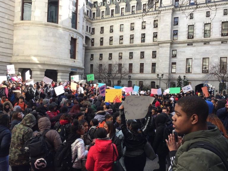 Students fill the courtyard at Philly City Hall during the walkout.