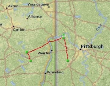 The route of the Falcon Ethane Pipeline through Ohio, West Virginia, and Pennsylvania. (Fractracker Alliance)