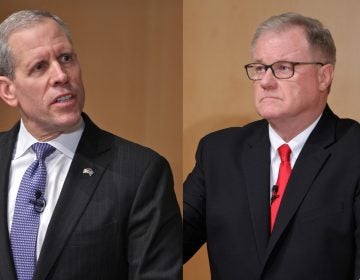 Republican candidates for governor of Pennsylvania, Paul Mango, (left), and Scott Wagner, (right), participate in a debate at the National Constitution Center. (Emma Lee/WHYY, file)