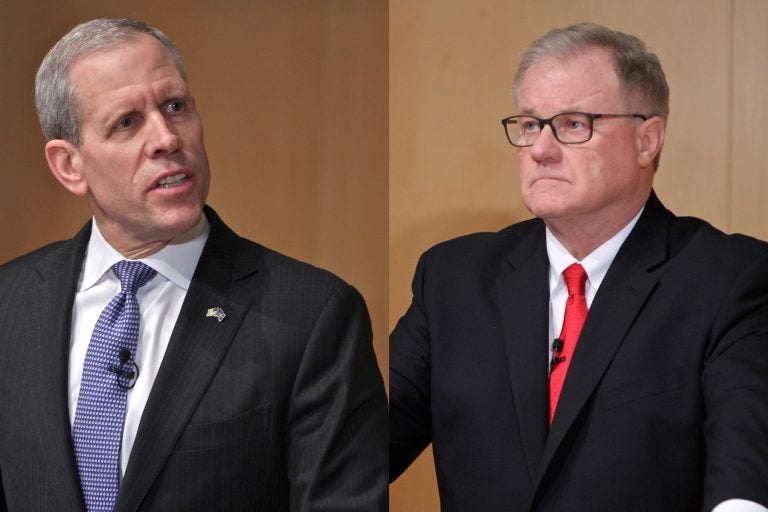 Republican candidates for governor of Pennsylvania, Paul Mango, (left), and Scott Wagner, (right), participate in a debate at the National Constitution Center. (Emma Lee/WHYY, file)