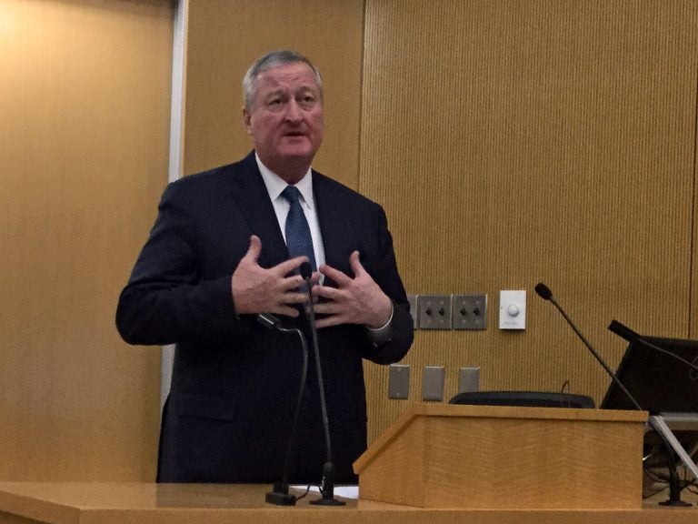 Philadelphia Mayor Jim Kenney speaks Wednesday during a forum with representatives of the American Pain Association at Temple University’s Katz School of Medicine. The event was part of a national tour to highlight causes — and solutions — to the opioid epidemic. (Kyrie Greenberg/WHYY)