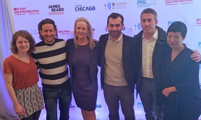 Local James Beard nominees (from left)
Camille Cogswell, Zahav, Rising Star Chef of the Year; Rich Landau, Vedge, Best Chef Mid-Atlantic; Claire Reichenbach, CEO James Beard Foundation; Okan Yacici, Zahav, General Manager, Outstanding Service; Michael Solomonov, Zahav; Ellen Yin, Fork, Outstanding Restaurateur
(Peter Crimmins/WHYY)