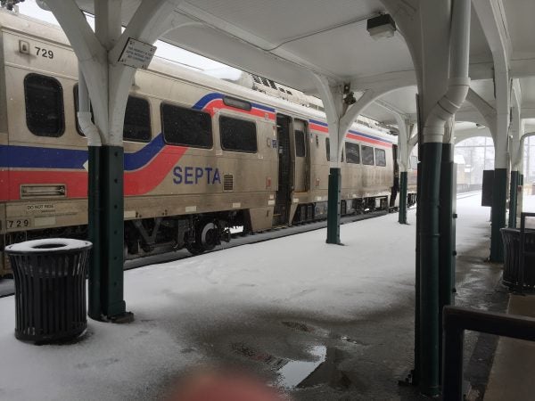 A SEPTA train slows to pick up passenger at the Glenside Train Station, but no one was waiting. (Nora O'Dowd/WHYY)