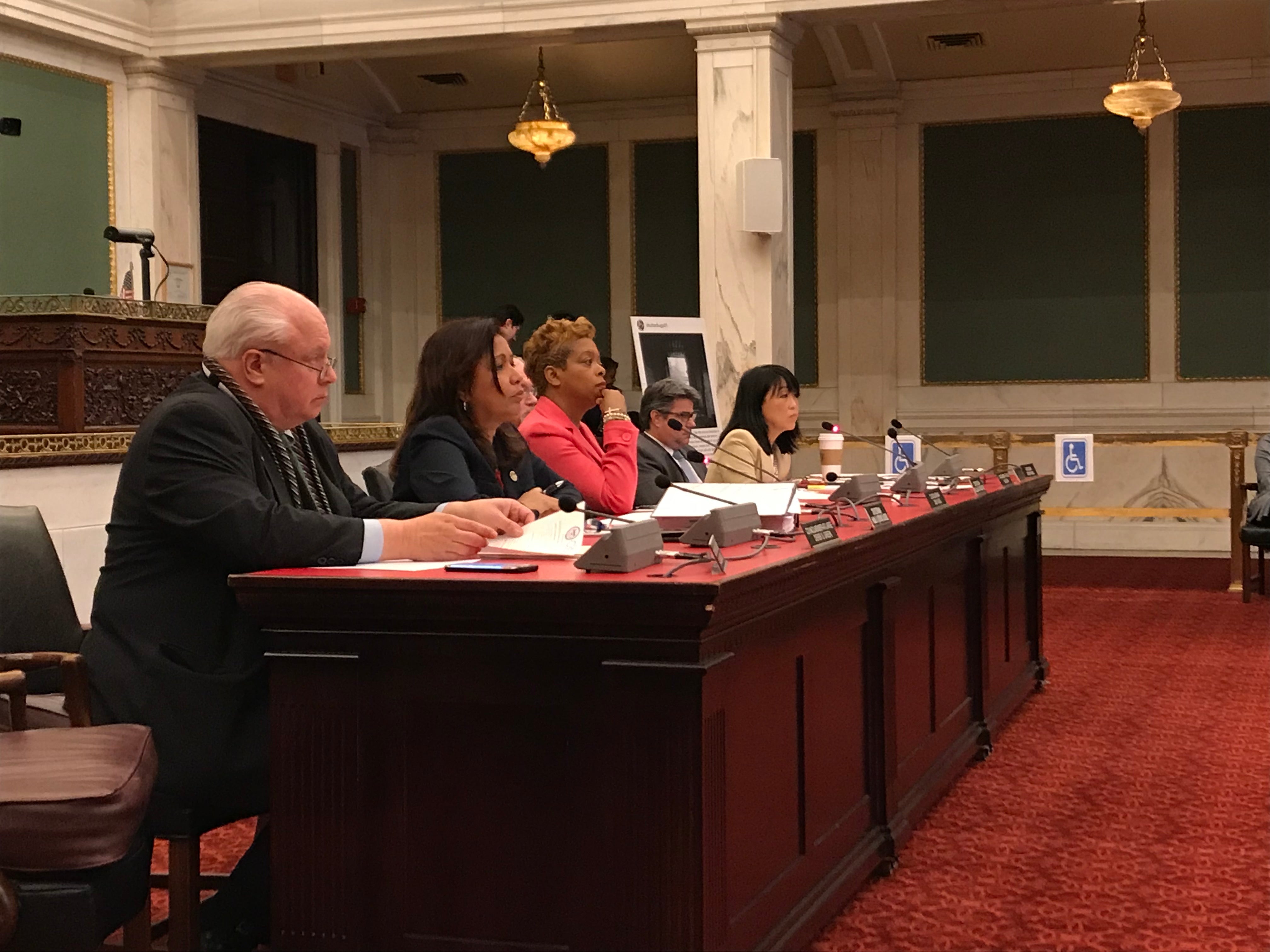 Council members on the Public Health & Human Services Committee listen to testimony at a hearing on the opioid crisis.