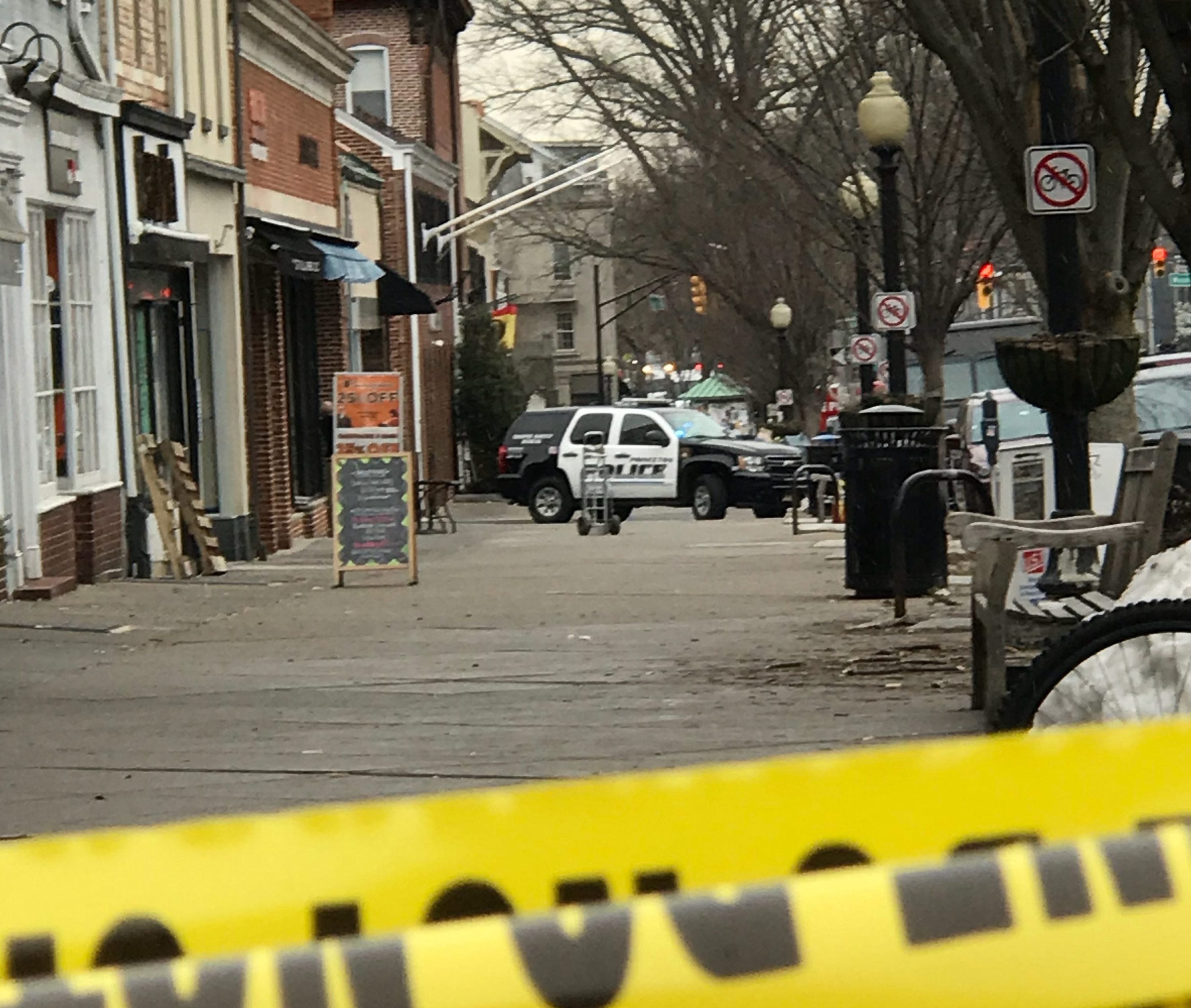 Police in Princeton, N.J. closed Nassau Street between Washington and Witherspoon streets after a person with a gun entered the Panera restaurant there. (Dana Difilippo/WHYY)