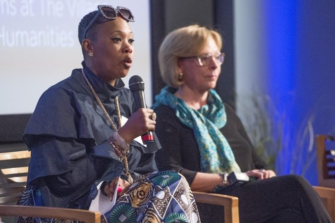 Panelist Lynette Medley (left) and Marci Hamilton answer questions from the audience. (Jonathan Wilson for WHYY)