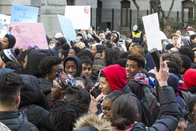 Philadelphia students participate in a national school walkout commemorating the one month anniversary of Parkland, Fl. high school shooting