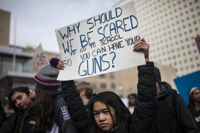 Philadelphia students participate in a national school walkout commemorating the one month anniversary of Parkland, Fl. high school shooting