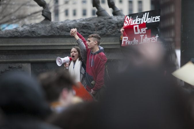 Olivia Sandom, Senior at Julia R. Masterman, and Bryan Taylor, Senior at Academy at Palumbo, during the student walk out against gun violence at City Hall