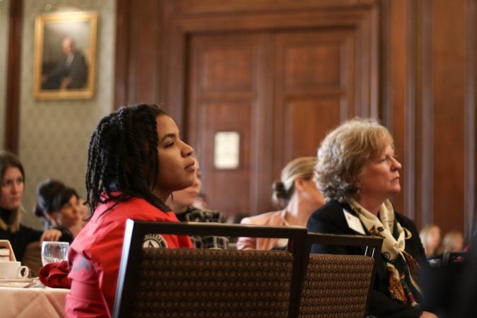 Jen Welter, the first woman to join an NFL team's coaching staff, addressed the crowd at a Women’s Leadership Luncheon hosted by City Year Philadelphia (Angela Gervasi/for WHYY)