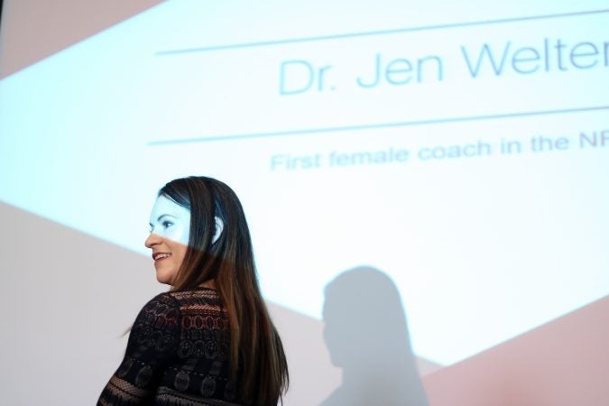 Jen Welter, the first woman to join an NFL team's coaching staff, addressed the crowd at a Women’s Leadership Luncheon hosted by City Year Philadelphia (Angela Gervasi/for WHYY)