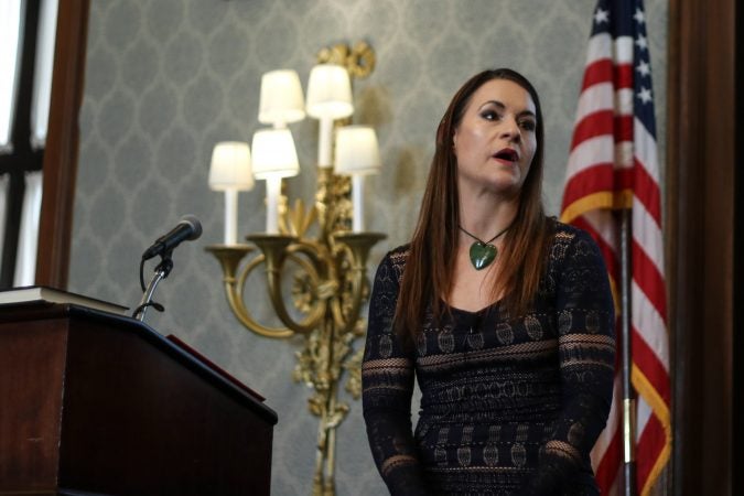 Jen Welter, the first woman to join an NFL team's coaching staff, addressed the crowd at a Women’s Leadership Luncheon hosted by City Year Philadelphia (Angela Gervasi/for WHYY)