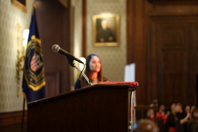 Jen Welter, the first woman to join an NFL team's coaching staff, addressed the crowd at a Women’s Leadership Luncheon hosted by City Year Philadelphia (Angela Gervasi/for WHYY)