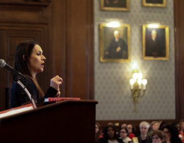 Jen Welter, the first woman to join an NFL team's coaching staff, addressed the crowd at a Women’s Leadership Luncheon hosted by City Year Philadelphia (Angela Gervasi/for WHYY)