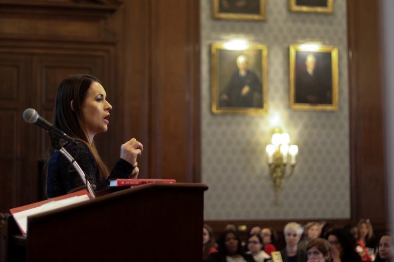 Jen Welter, the first woman to join an NFL team's coaching staff, addressed the crowd at a Women’s Leadership Luncheon hosted by City Year Philadelphia (Angela Gervasi/for WHYY)