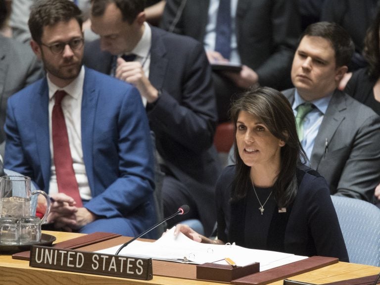 U.S. Ambassador to the United Nations Nikki Haley speaks during a Security Council meeting on the situation between Britain and Russia, on Wednesday. (Mary Altaffer/AP)