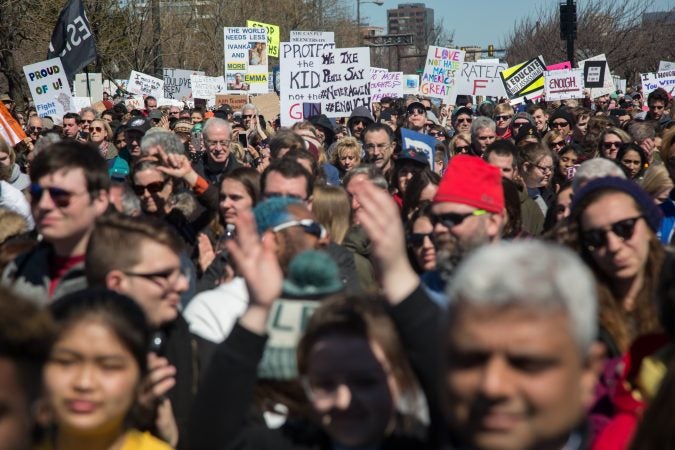 Thousands of citizens, of all ages, gathered together in Philadelphia to participate in the nationwide March for Our Lives, March 24, 2018. (Emily Cohen for WHYY)