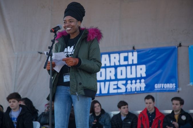 Camryn Cobia, who is a member of the Philadelphia Student Union, talks to the crowd gathered at the Philadelphia 