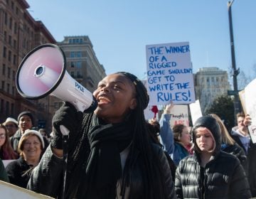 Princess Rahman, 18, leads chants at the beginning of the Philadelphia March for Our Lives, March 24, 2018. (Emily Cohen for WHYY)