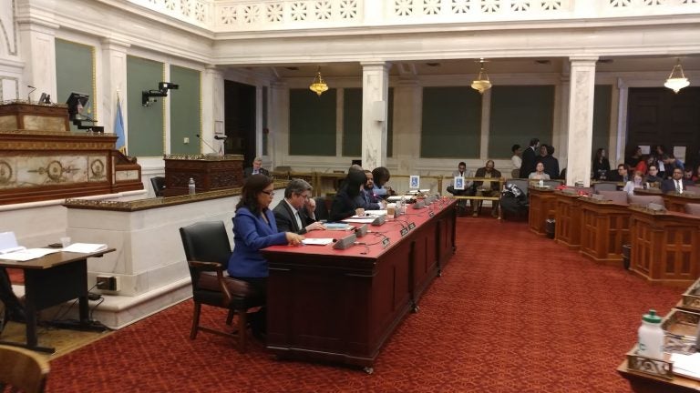 Philadelphia City Council members listen to testimony during a hearing on workplace issues. (Tom MacDonald/ WHYY)