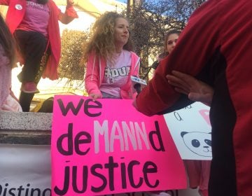 Hundreds of Padua Academy's students protested Monday outside school, demanding ousted Principal Cindy Mann's reinstatement. (Cris Barrish/WHYY)