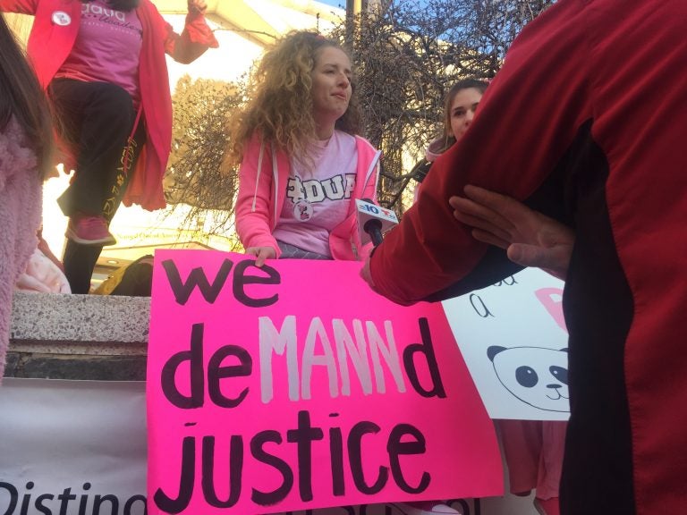 Hundreds of Padua Academy's students protested Monday outside school, demanding ousted Principal Cindy Mann's reinstatement. (Cris Barrish/WHYY)