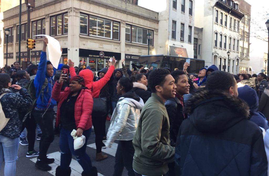 Freire students flood the streets at 20th and Chestnut during the national school walkout.