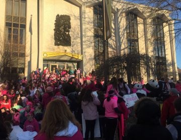 Hundreds of students and parents at Padua Academy protested the principal's sudden ouster Monday. (Cris Barrish/WHYY)