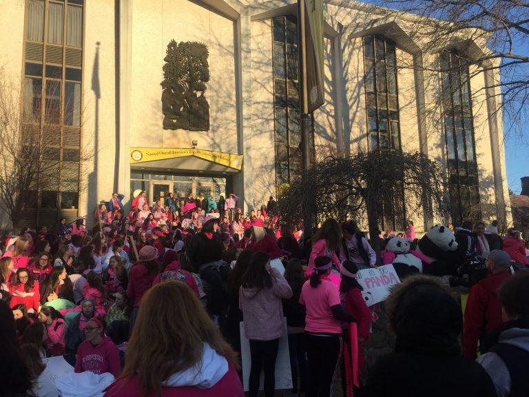 Hundreds of students and parents at Padua Academy protested the principal's sudden ouster Monday. (Cris Barrish/WHYY)