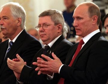 Russian politician Alexander Torshin, standing next to then-Russian prime minister Vladimir Putin, attends a ceremony at the Kremlin in 2011. Torshin is a lifetime member of the National Rifle Association, and says he met Donald Trump through the group in 2015. (Konstantin Zavrazhin/Getty Images)