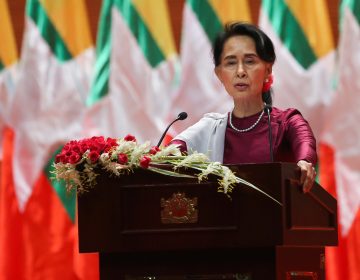 Myanmar State Counselor Aung San Suu Kyi, in a national address in September, said she felt deeply for the suffering of all people caught up in conflict scorching through Rakhine state — in her first comments that also mentioned Muslims displaced by violence. (Ye Aung Thu/AFP/Getty Images)