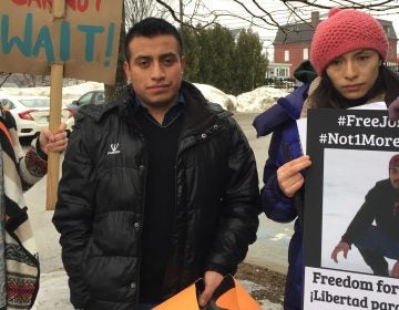 Victor Garcia Diaz, left, and Zully Palacios Rodriguez, at a recent demonstration in Richford, Vt. They are two of the undocumented Migrant Justice leaders arrested by ICE.