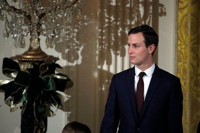 White House senior adviser Jared Kushner stands as President Donald Trump speaks during a Hanukkah reception in the East Room of the White House, Thursday, Dec. 7, 2017, in Washington. (AP Photo/Alex Brandon)