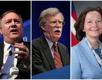 From right to left: Mike Pompeo, John Bolton, Gina Hapsel (credit: AP)