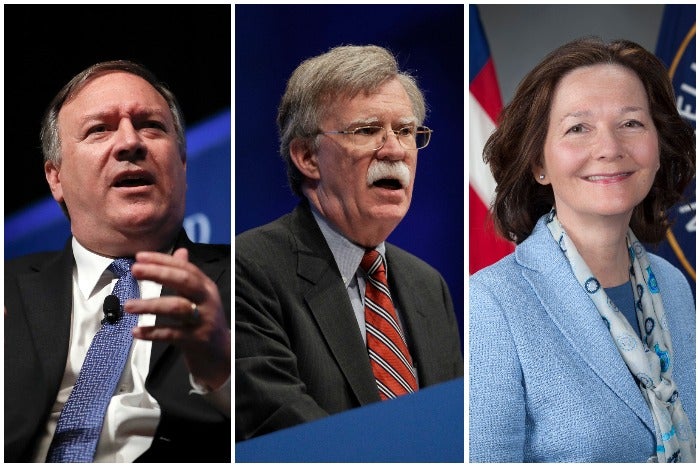 From right to left: Mike Pompeo, John Bolton, Gina Hapsel (credit: AP)