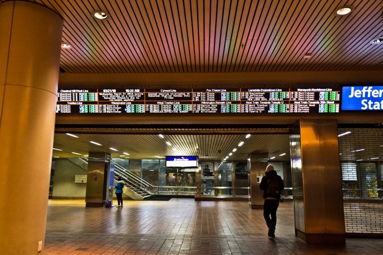 Jefferson Station is nearly empty as a spring snow event takes lace outside in Philadelphia. (Kimberly Paynter/WHYY)