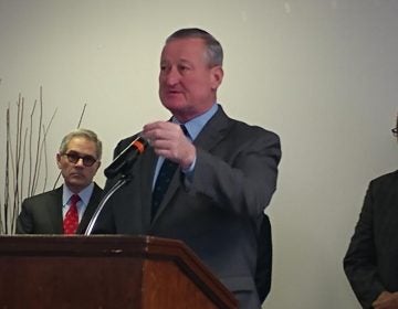 Philadelphia Mayor Jim Kenney announces the police-assisted diversion program Friday flanked by District Attorney Larry Krasner and Council President Darrell Clarke. (Tom MacDonald/ WHYY)