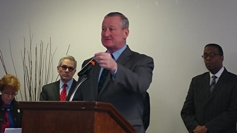 Philadelphia Mayor Jim Kenney announces the police-assisted diversion program Friday flanked by District Attorney Larry Krasner and Council President Darrell Clarke. (Tom MacDonald/ WHYY)