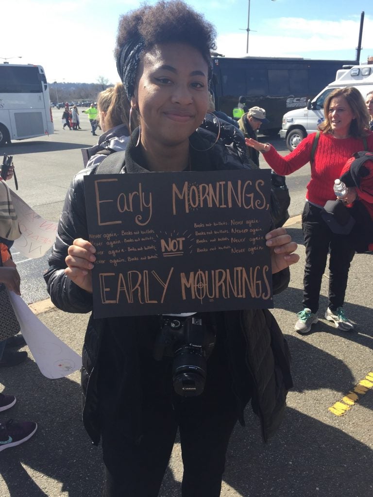 Santana Outlaw, 17, joined her classmates at Science Leadership Academy Beeber in West Philly on a bus trip to Washington, D.C. Saturday for her first national protest. (Avi Wolfman-Arent/WHYY)