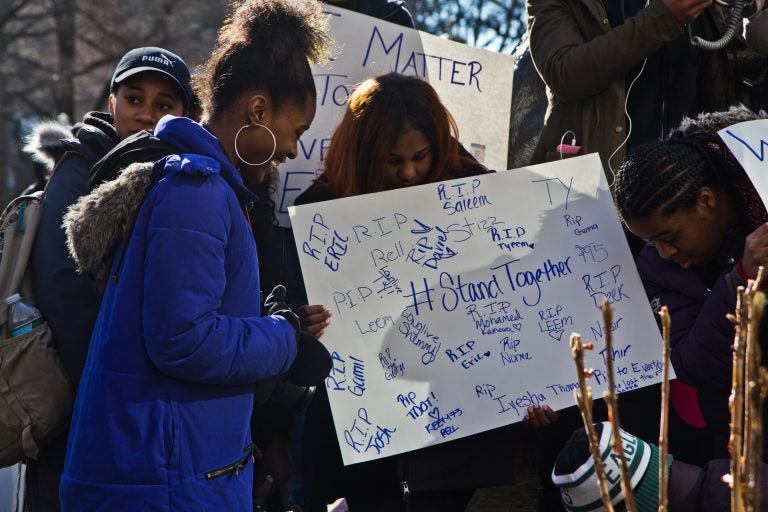 Dymonique Hammond and her classmates from Freire Charter High School during the National School Walkout on March 13, 2018.